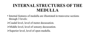 INTERNAL STRUCTURES OF THE
MEDULLA
• Internal features of medulla are illustrated in transverse sections
through 3 levels:
Caudal level, level of motor decussation.
Middle level, level of sensory decussation.
Superior level, level of open medulla.
 