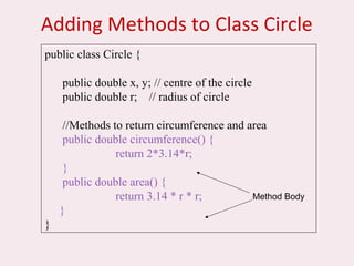 Adding Methods to Class Circle
public class Circle {
public double x, y; // centre of the circle
public double r; // radius of circle
//Methods to return circumference and area
public double circumference() {
return 2*3.14*r;
}
public double area() {
return 3.14 * r * r;
}
}
Method Body
 