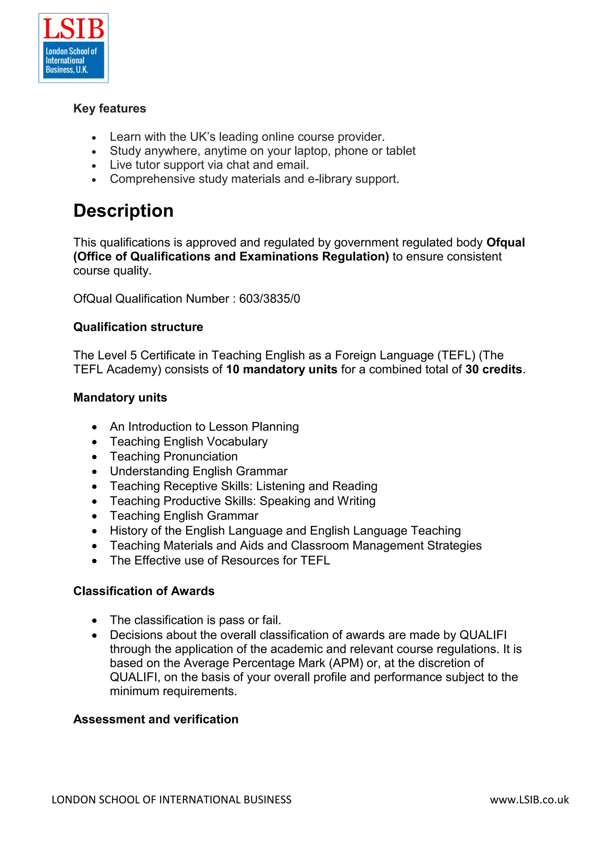 Level 5 Certificate in Teaching English as a Foreign Language (TEFL ...