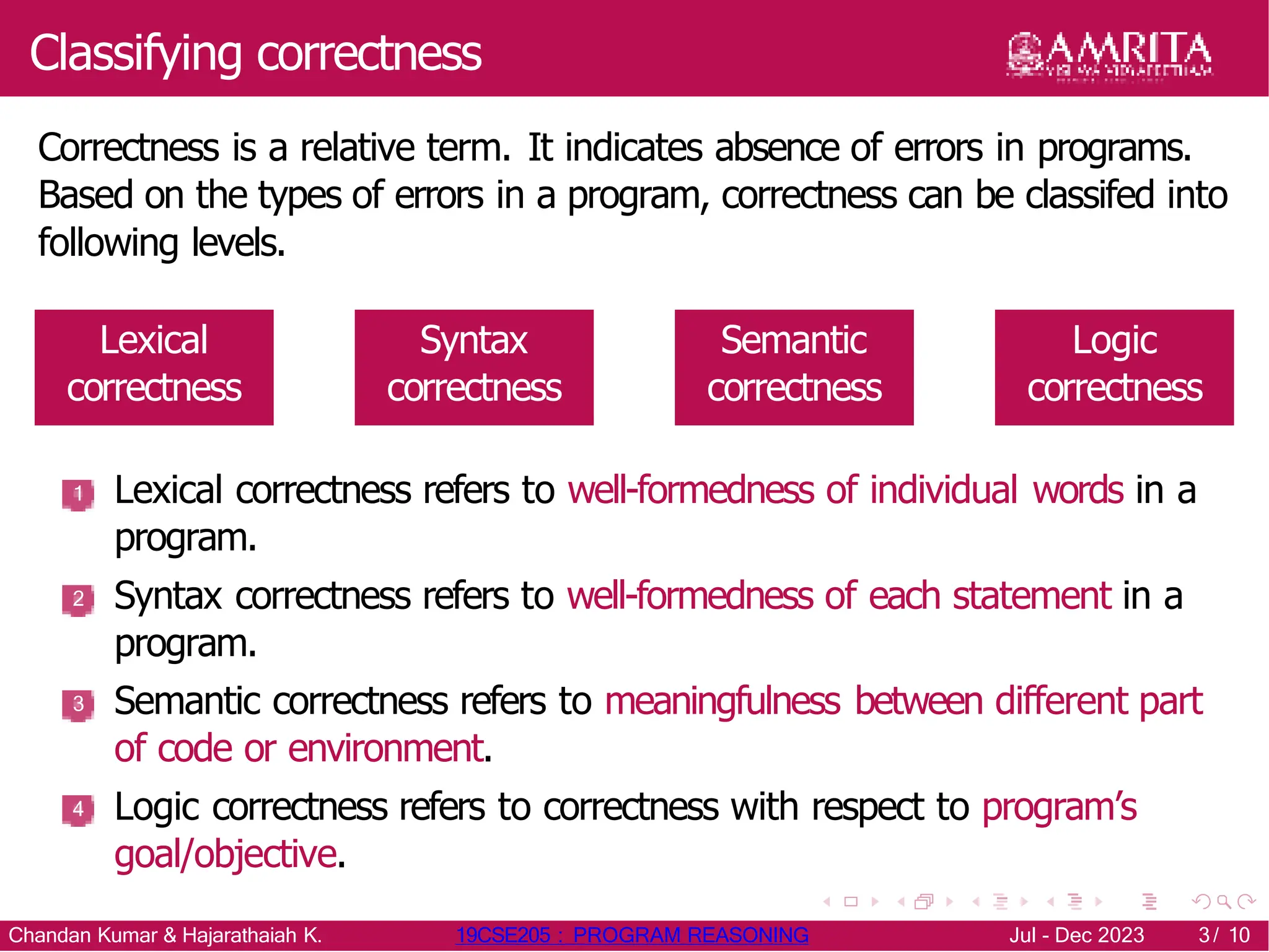 Classifying correctness
Correctness is a relative term. It indicates absence of errors in programs.
Based on the types of errors in a program, correctness can be classifed into
following levels.
Lexical
correctness
Syntax
correctness
Semantic
correctness
Logic
correctness
1 Lexical correctness refers to well-formedness of individual words in a
program.
Syntax correctness refers to well-formedness of each statement in a
program.
Semantic correctness refers to meaningfulness between different part
of code or environment.
Logic correctness refers to correctness with respect to program’s
goal/objective.
2
3
4
Chandan Kumar & Hajarathaiah K. 19CSE205 : PROGRAM REASONING Jul - Dec 2023 3/ 10
 