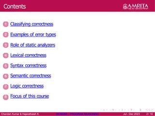 Contents
1 Classifying correctness
2 Examples of error types
3 Role of static analyzers
4 Lexical correctness
5 Syntax correctness
6 Semantic correctness
7 Logic correctness
8 Focus of this course
Chandan Kumar & Hajarathaiah K. 19CSE205 : PROGRAM REASONING Jul - Dec 2023 2/ 10
 