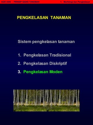 AGR 3506  :  PRINSIP SAINS TANAMAN   1.  Morfologi dan Pengkelasan 1.  Pengkelasan Tradisional Sistem pengkelasan tanaman 2.  Pengkelasan Diskriptif 3.   Pengkelasan Moden PENGKELASAN  TANAMAN 