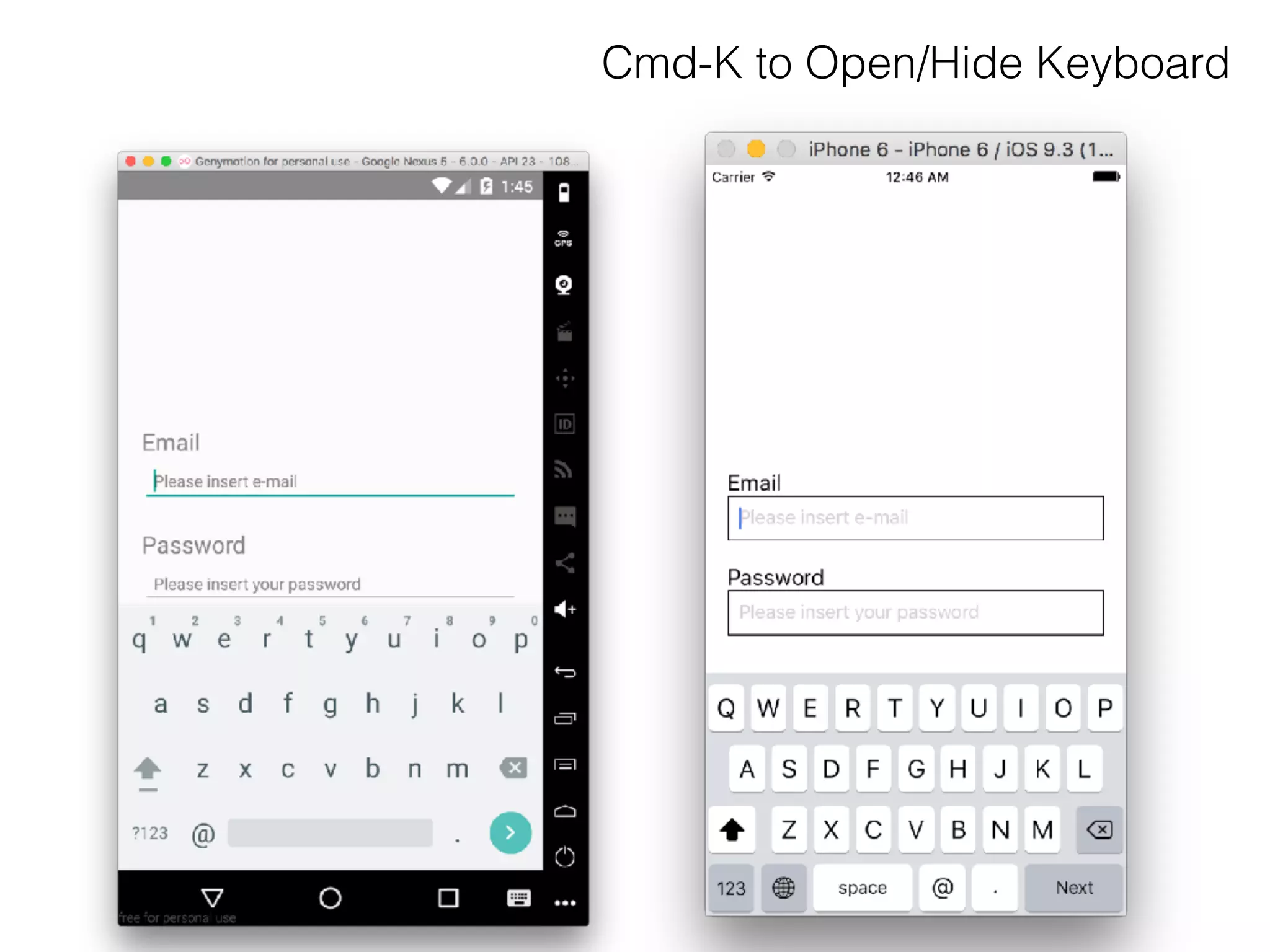 Cmd-K to Open/Hide Keyboard
 