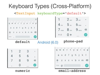 Keyboard Types (Cross-Platform)
<TextInput keyboardType=‘default’>
default
numeric email-address
phone-padAndroid (6.0)
 