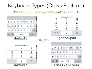 Keyboard Types (Cross-Platform)
<TextInput keyboardType=‘default’>
default
numeric email-address
phone-pad
iOS (9.3)
 