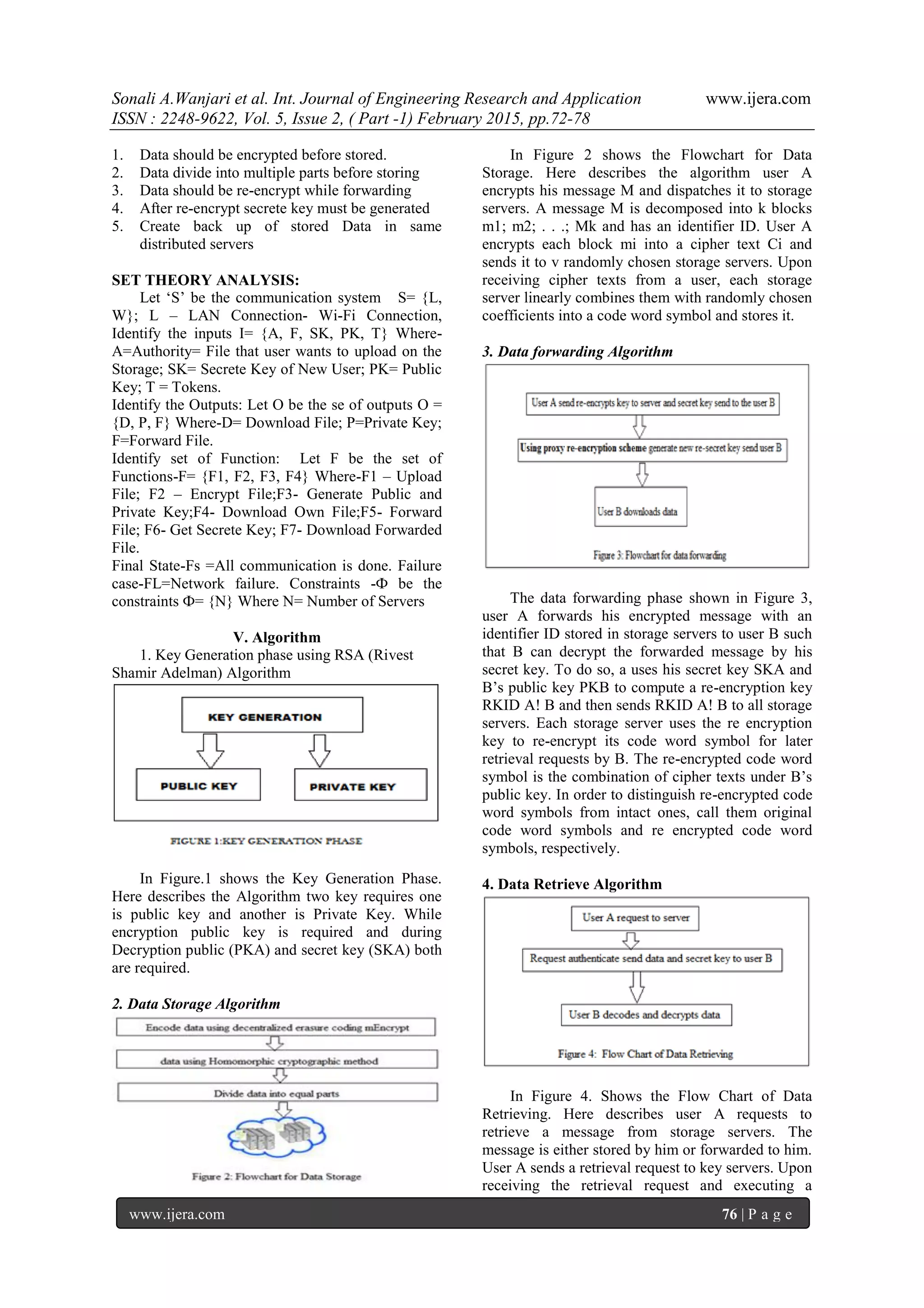 Sonali A.Wanjari et al. Int. Journal of Engineering Research and Application www.ijera.com
ISSN : 2248-9622, Vol. 5, Issue 2, ( Part -1) February 2015, pp.72-78
www.ijera.com 76 | P a g e
1. Data should be encrypted before stored.
2. Data divide into multiple parts before storing
3. Data should be re-encrypt while forwarding
4. After re-encrypt secrete key must be generated
5. Create back up of stored Data in same
distributed servers
SET THEORY ANALYSIS:
Let „S‟ be the communication system S= {L,
W}; L – LAN Connection- Wi-Fi Connection,
Identify the inputs I= {A, F, SK, PK, T} Where-
A=Authority= File that user wants to upload on the
Storage; SK= Secrete Key of New User; PK= Public
Key; T = Tokens.
Identify the Outputs: Let O be the se of outputs O =
{D, P, F} Where-D= Download File; P=Private Key;
F=Forward File.
Identify set of Function: Let F be the set of
Functions-F= {F1, F2, F3, F4} Where-F1 – Upload
File; F2 – Encrypt File;F3- Generate Public and
Private Key;F4- Download Own File;F5- Forward
File; F6- Get Secrete Key; F7- Download Forwarded
File.
Final State-Fs =All communication is done. Failure
case-FL=Network failure. Constraints -Ф be the
constraints Ф= {N} Where N= Number of Servers
V. Algorithm
1. Key Generation phase using RSA (Rivest
Shamir Adelman) Algorithm
In Figure.1 shows the Key Generation Phase.
Here describes the Algorithm two key requires one
is public key and another is Private Key. While
encryption public key is required and during
Decryption public (PKA) and secret key (SKA) both
are required.
2. Data Storage Algorithm
In Figure 2 shows the Flowchart for Data
Storage. Here describes the algorithm user A
encrypts his message M and dispatches it to storage
servers. A message M is decomposed into k blocks
m1; m2; . . .; Mk and has an identifier ID. User A
encrypts each block mi into a cipher text Ci and
sends it to v randomly chosen storage servers. Upon
receiving cipher texts from a user, each storage
server linearly combines them with randomly chosen
coefficients into a code word symbol and stores it.
3. Data forwarding Algorithm
The data forwarding phase shown in Figure 3,
user A forwards his encrypted message with an
identifier ID stored in storage servers to user B such
that B can decrypt the forwarded message by his
secret key. To do so, a uses his secret key SKA and
B‟s public key PKB to compute a re-encryption key
RKID A! B and then sends RKID A! B to all storage
servers. Each storage server uses the re encryption
key to re-encrypt its code word symbol for later
retrieval requests by B. The re-encrypted code word
symbol is the combination of cipher texts under B‟s
public key. In order to distinguish re-encrypted code
word symbols from intact ones, call them original
code word symbols and re encrypted code word
symbols, respectively.
4. Data Retrieve Algorithm
In Figure 4. Shows the Flow Chart of Data
Retrieving. Here describes user A requests to
retrieve a message from storage servers. The
message is either stored by him or forwarded to him.
User A sends a retrieval request to key servers. Upon
receiving the retrieval request and executing a
 