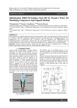 Ramprasad et al. Int. Journal of Engineering Research and Applicationswww.ijera.com
ISSN : 2248-9622, Vol. 5, Issue 5, ( Part -2) May 2015, pp.86-91
www.ijera.com 86|P a g e
Optimization MRR Of Stainless Steel 403 In Abrasive Water Jet
Machining UsingAnova And Taguchi Method
*Ramprasad, **Gaurav Upadhyay,***Kamal Hassan
*(M.Tech Scholar, Dept. of Mechanical Engineering, Lovely Professional University, Phagwara, Punjab, India)
** (M.Tech Scholar, Dept. of Mechanical Engineering, Lovely Professional University, Phagwara, Punjab,
India)
*** (Assistant Prof., Dept. of Mechanical Engineering, Lovely Professional University, Phagwara, Punjab,
India)
ABSTRACT
Stainlesssteel 403 is high-alloysteelwith good corrosion resistance and it’svery hard material. Abrasive water jet
is an effective method for machining, cutting and drilling of stainlesssteel 403. In thispaperweoptimize the
metalremoval rate of stainlesssteel 403 in abrasive water jet machining. The MRRisoptimize by
usingthreeparameters water pressure, abrasive flow rate and stand-off distance and L9 orthogonal array of
Taguchimethod use to analyse the result. 9 experimentalrunsbased on L9 orthogonal array of Taguchimethod.
Keywords- Abrasive water jet machine, stainless steel 403, garnet 80 mesh, L9 orthogonal array of Taguchi
method, water pressure, abrasive flow rate, stand-off distance, MRR, S/N ratio
I. INTRODUCTION
Abrasive Water Jet Machining is accepted effective
technology for cutting various material as of its
advantages over other non-conventional techniques
such as No heat is generated in the cutting process,
high machining versatility, minimum stresses on the
work piece. Abrasive water jet machine is an
industrial machine in which we can cutting of the any
types of materials i.e. softer materials and harden
materials. In the abrasive water jet machine, the
water is supplied at a very high pressure from
20,000-60,000psi and provides the good cutting and
surface finishing. In the abrasive water jet machine
there is a orifice in which a nozzle fixed and through
the nozzle water exit in the cutting stream formation,
this nozzle is move in the x-y axis as like in CNC
machine.
Fig. 1 Schematic of AWJM
The abrasive water jet machining process is also
called cold method or cold cutting method and with
the cold method we can cut the any desired shape of
material.
Abrasive water jet cutting machine starts with a water
pump. In the abrasive water jet machining, there is a
mixture of garnet 80 mesh (abrasive) and water,
which helps to cut the material simply and provides
the good surfacefinishing. The abrasive water jet
machine is more powerful than a pure water jet
machine.
Fig. 2 Schematic of abrasive water jet machine
RESEARCH ARTICLE OPEN ACCESS
 