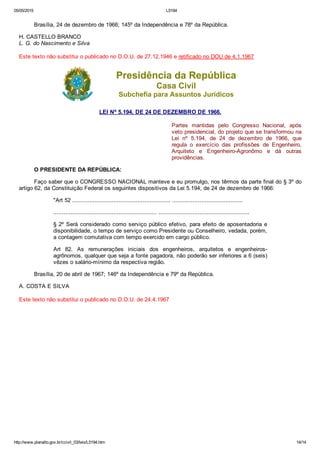 05/05/2015 L5194
http://www.planalto.gov.br/ccivil_03/leis/L5194.htm 14/14
Brasília, 24 de dezembro de 1966; 145º da Independência e 78º da República.
H. CASTELLO BRANCO 
L. G. do Nascimento e Silva
Este texto não substitui o publicado no D.O.U. de 27.12.1946 e retificado no DOU de 4.1.1967
Presidência da República
Casa Civil
Subchefia para Assuntos Jurídicos
LEI Nº 5.194, DE 24 DE DEZEMBRO DE 1966.
 
Partes  mantidas  pelo  Congresso  Nacional,  após
veto presidencial, do projeto que se transformou na
Lei  nº  5.194,  de  24  de  dezembro  de  1966,  que
regula  o  exercício  das  profissões  de  Engenheiro,
Arquiteto  e  Engenheiro­Agronômo  e  dá  outras
providências.
O PRESIDENTE DA REPÚBLICA:
Faço saber que o CONGRESSO NACIONAL manteve e eu promulgo, nos têrmos da parte final do § 3º do
artigo 62, da Constituição Federal os seguintes dispositivos da Lei 5.194, de 24 de dezembro de 1966:
"Art 52 ......................................................... .........................................
............................................................ .....................................................
§ 2º Será considerado como serviço público efetivo, para efeito de aposentadoria e
disponibilidade, o tempo de serviço como Presidente ou Conselheiro, vedada, porém,
a contagem comutativa com tempo exercido em cargo público.
Art  82.  As  remunerações  iniciais  dos  engenheiros,  arquitetos  e  engenheiros­
agrônomos, qualquer que seja a fonte pagadora, não poderão ser inferiores a 6 (seis)
vêzes o salário­mínimo da respectiva região.
Brasília, 20 de abril de 1967; 146º da Independência e 79º da República.
A. COSTA E SILVA
Este texto não substitui o publicado no D.O.U. de 24.4.1967
 
 
 