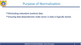 Purpose of Normalization
DEPARTMENT OF COMPUTER ENGINEERING, Sanjivani COE, Kopargaon 4
Eliminating redundant (useless) data.
Ensuring data dependencies make sense i.e data is logically stored.
 