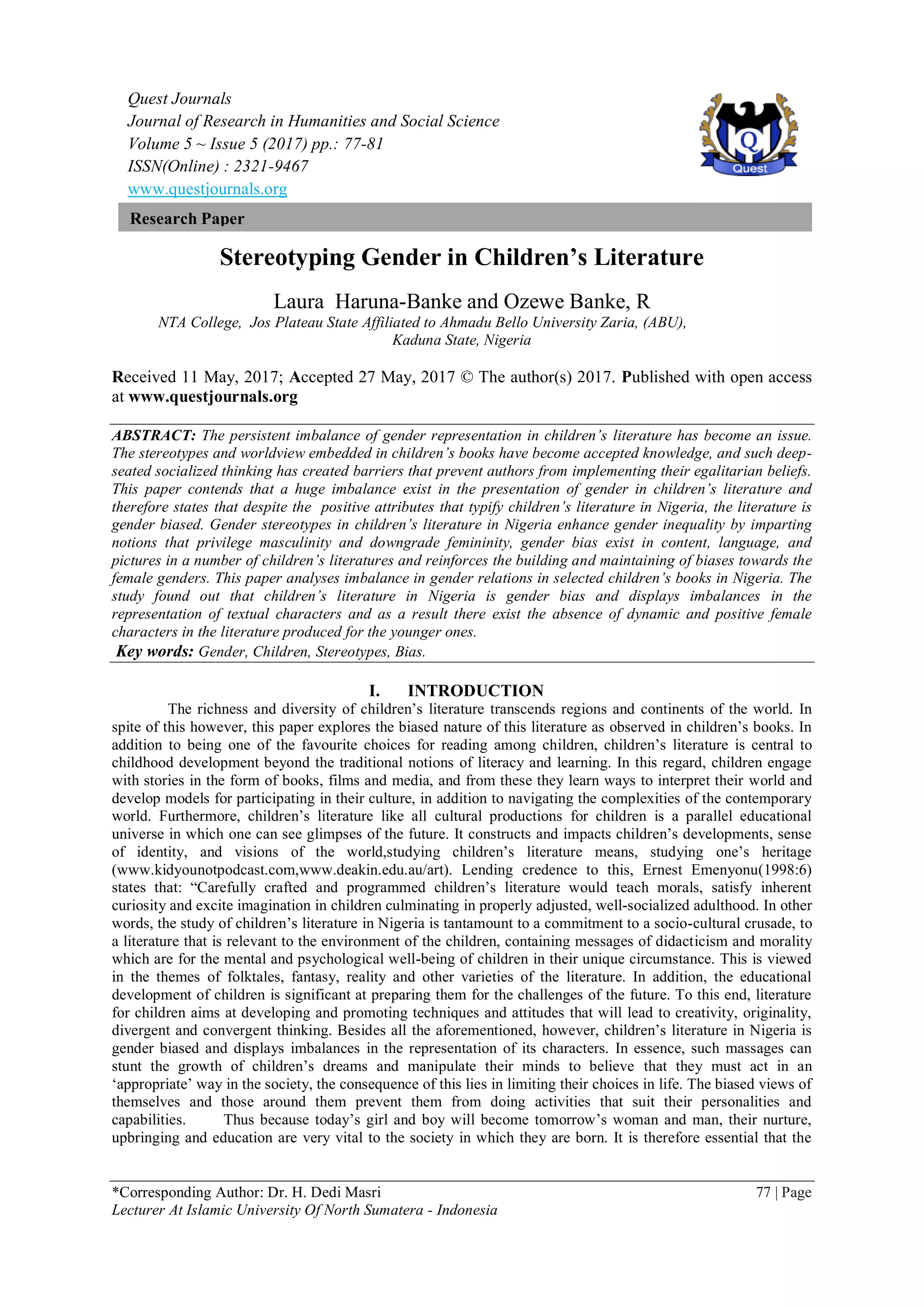 Stereotyping Gender in Children’s Literature | PDF