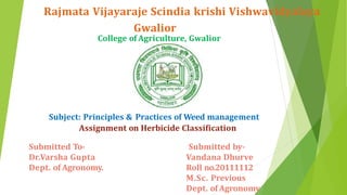 Rajmata Vijayaraje Scindia krishi Vishwavidyalaya
Gwalior
College of Agriculture, Gwalior
Submitted To-
Dr.Varsha Gupta
Dept. of Agronomy.
Submitted by-
Vandana Dhurve
Roll no.20111112
M.Sc. Previous
Dept. of Agronomy
Subject: Principles & Practices of Weed management
Assignment on Herbicide Classification
 