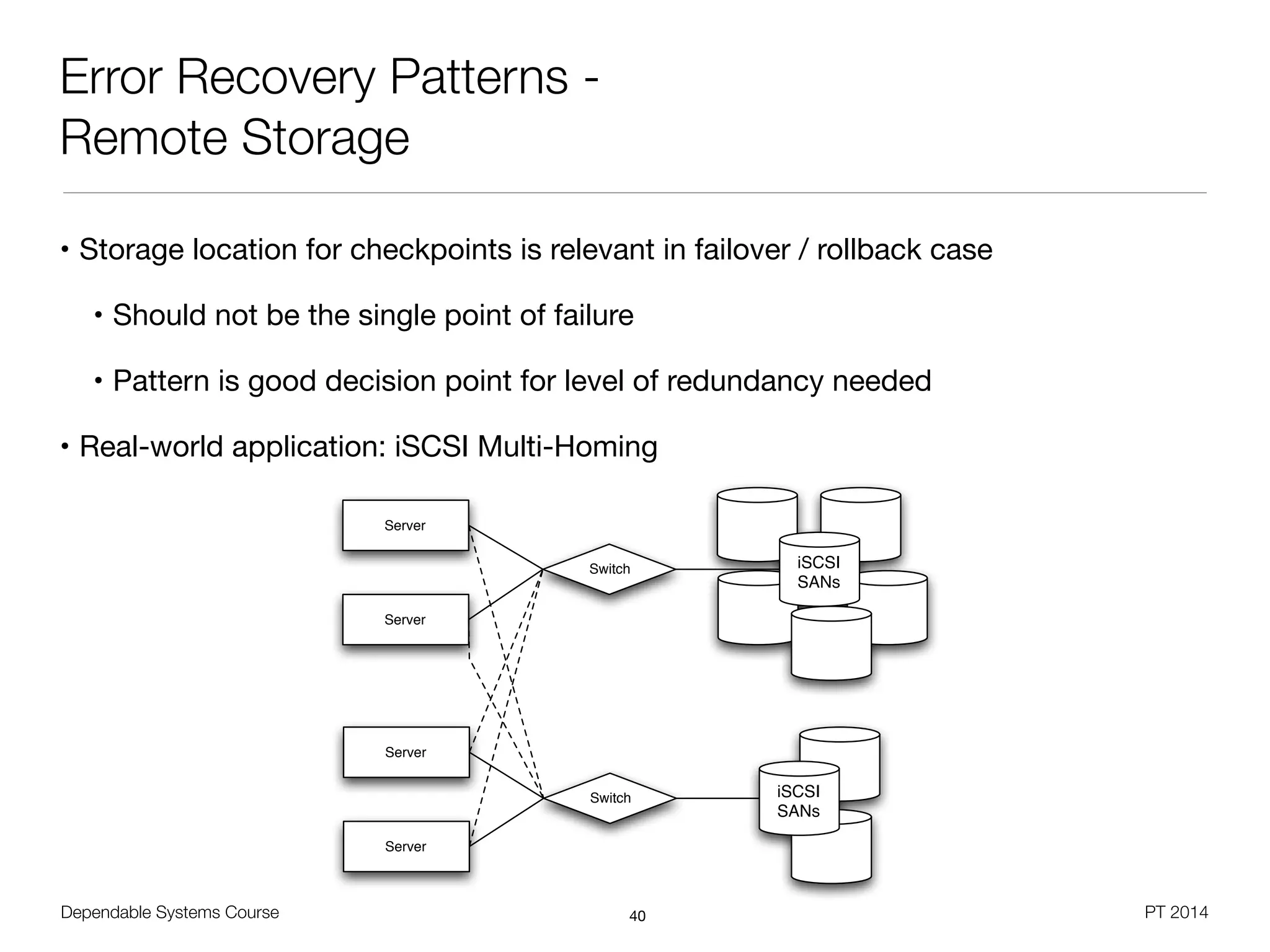 Dependable Systems Course PT 2014
Error Recovery Patterns -
Remote Storage
• Storage location for checkpoints is relevant in failover / rollback case

• Should not be the single point of failure

• Pattern is good decision point for level of redundancy needed

• Real-world application: iSCSI Multi-Homing
40
iSCSI
SANs
Server
Server
Switch
Switch
Server
Server
iSCSI
SANs
 