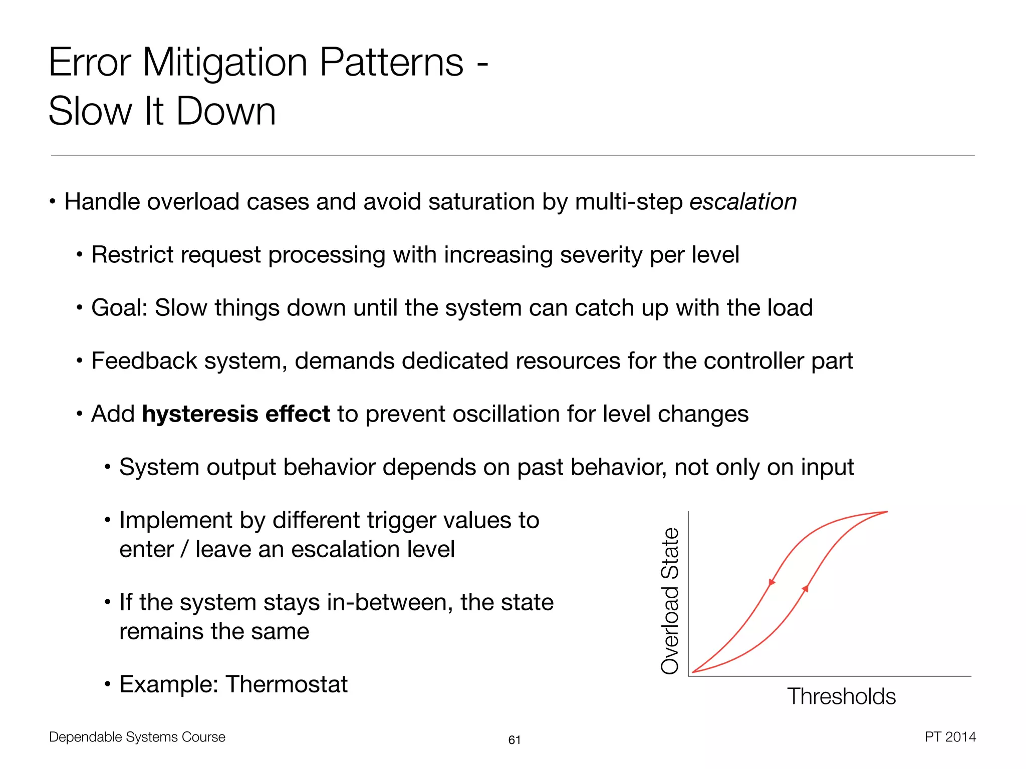 Dependable Systems Course PT 2014
Error Mitigation Patterns -
Slow It Down
• Handle overload cases and avoid saturation by multi-step escalation

• Restrict request processing with increasing severity per level

• Goal: Slow things down until the system can catch up with the load

• Feedback system, demands dedicated resources for the controller part

• Add hysteresis eﬀect to prevent oscillation for level changes

• System output behavior depends on past behavior, not only on input

• Implement by diﬀerent trigger values to  
enter / leave an escalation level

• If the system stays in-between, the state  
remains the same

• Example: Thermostat
61
Thresholds
OverloadState
 