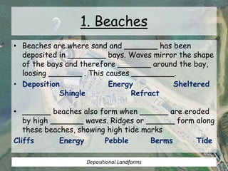 1. Beaches
• Beaches are where sand and _______ has been
deposited in ________ bays. Waves mirror the shape
of the bays and therefore _______ around the bay,
loosing _______ . This causes _________.
• Deposition Energy Sheltered
Shingle Refract
• ______ beaches also form when ______ are eroded
by high _______ waves. Ridges or ______ form along
these beaches, showing high tide marks
Cliffs Energy Pebble Berms Tide
Depositional Landforms
 