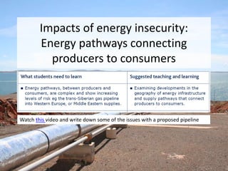 Impacts of energy insecurity:
Energy pathways connecting
producers to consumers
Watch this video and write down some of the issues with a proposed pipeline
 