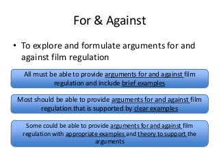 For & Against
• To explore and formulate arguments for and
against film regulation
All must be able to provide arguments for and against film
regulation and include brief examples
Most should be able to provide arguments for and against film
regulation that is supported by clear examples
Some could be able to provide arguments for and against film
regulation with appropriate examples and theory to support the
arguments

 