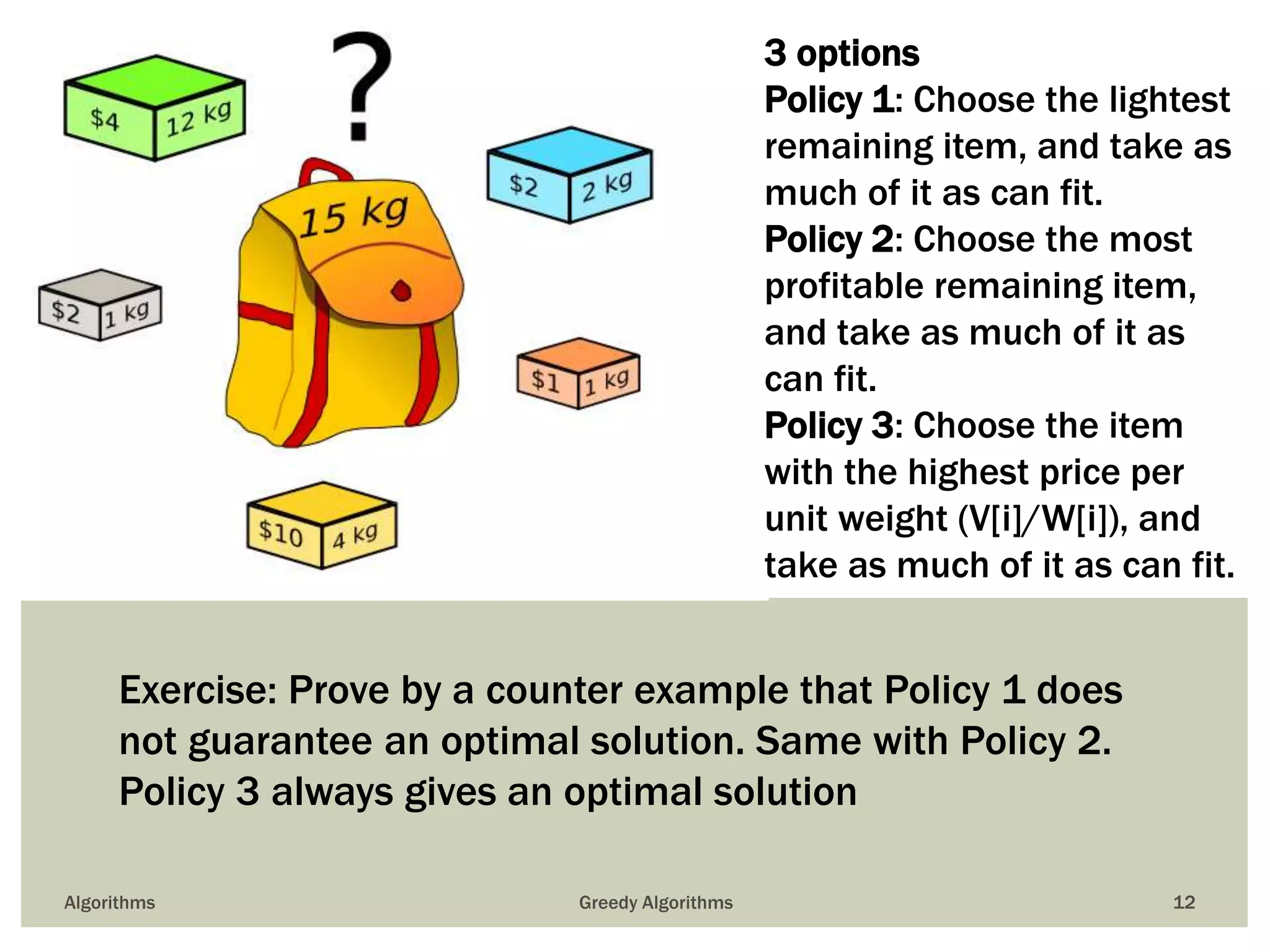 Algorithms Greedy Algorithms 12
3 options
Policy 1: Choose the lightest
remaining item, and take as
much of it as can fit.
Policy 2: Choose the most
profitable remaining item,
and take as much of it as
can fit.
Policy 3: Choose the item
with the highest price per
unit weight (V[i]/W[i]), and
take as much of it as can fit.
Exercise: Prove by a counter example that Policy 1 does
not guarantee an optimal solution. Same with Policy 2.
Policy 3 always gives an optimal solution
 