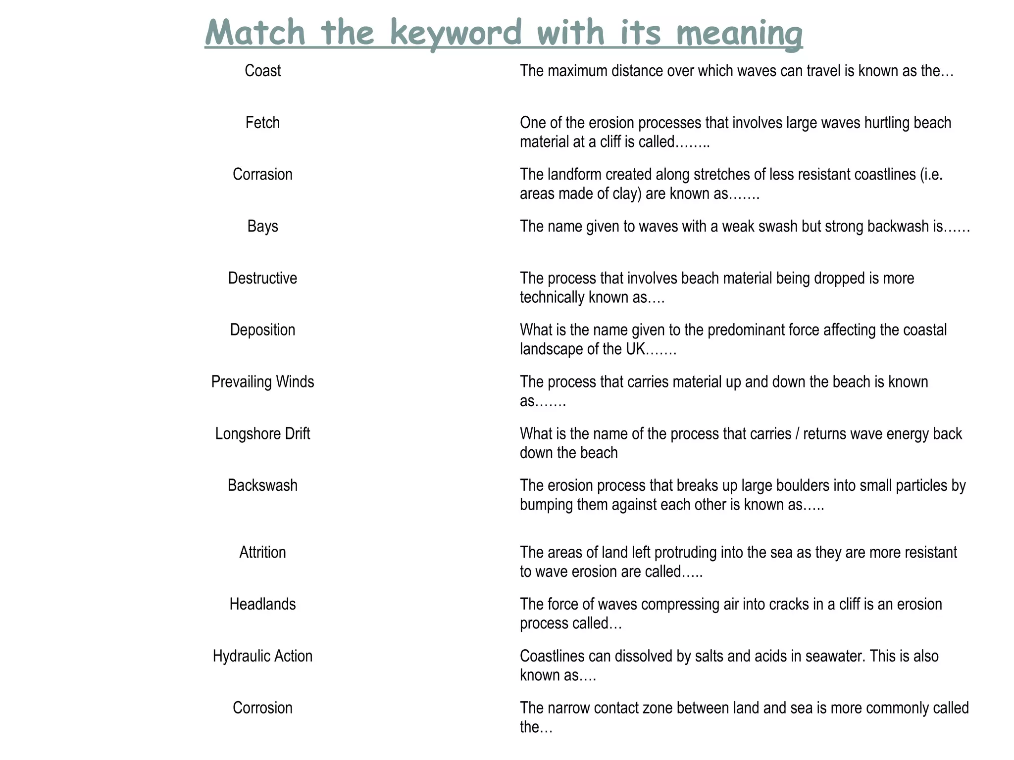 Coast The maximum distance over which waves can travel is known as the…
Fetch One of the erosion processes that involves large waves hurtling beach
material at a cliff is called……..
Corrasion The landform created along stretches of less resistant coastlines (i.e.
areas made of clay) are known as…….
Bays The name given to waves with a weak swash but strong backwash is……
Destructive The process that involves beach material being dropped is more
technically known as….
Deposition What is the name given to the predominant force affecting the coastal
landscape of the UK…….
Prevailing Winds The process that carries material up and down the beach is known
as…….
Longshore Drift What is the name of the process that carries / returns wave energy back
down the beach
Backswash The erosion process that breaks up large boulders into small particles by
bumping them against each other is known as…..
Attrition The areas of land left protruding into the sea as they are more resistant
to wave erosion are called…..
Headlands The force of waves compressing air into cracks in a cliff is an erosion
process called…
Hydraulic Action Coastlines can dissolved by salts and acids in seawater. This is also
known as….
Corrosion The narrow contact zone between land and sea is more commonly called
the…
Match the keyword with its meaning
 