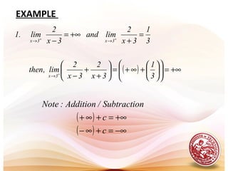EXAMPLE
( ) +∞=











+∞+=





+
+
−
=
+
+∞=
−
+
++
→
→→
3
1
3x
2
3x
2
lim,then
3
1
3x
2
limand
3x
2
lim.1
3x
3x3x
( )
( ) −∞=+∞−
+∞=+∞+
c
c
nSubtractio/Addition:Note
 