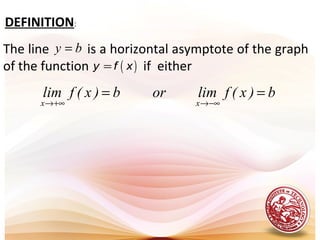 DEFINITION:
b)x(flimorb)x(flim
xx
==
−∞→+∞→
The line is a horizontal asymptote of the graph
of the function if either
by =
( )y f x=
 