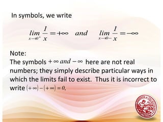 In symbols, we write
−∞=+∞=
−→→ +
x
1
limand
x
1
lim
0x0x
Note:
The symbols here are not real
numbers; they simply describe particular ways in
which the limits fail to exist. Thus it is incorrect to
write .
∞−∞+ and
( ) ( ) 0=∞+−∞+
 