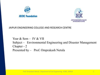 1
Year & Sem – IV & VII
Subject – Environmental Engineering and Disaster Management
Chapter - 2
Presented by – Prof. Omprakash Netula
Prof. Omprakash Netula , Department of Civil Engineering, JECRC, JAIPUR
JAIPUR ENGINEERING COLLEGE AND RESEARCH CENTRE
1
 