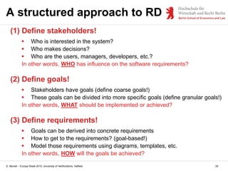 D. Monett – Europe Week 2015, University of Hertfordshire, Hatfield 29
A structured approach to RD
(1) Define stakeholders!
 Who is interested in the system?
 Who makes decisions?
 Who are the users, managers, developers, etc.?
In other words, WHO has influence on the software requirements?
(2) Define goals!
 Stakeholders have goals (define coarse goals!)
 These goals can be divided into more specific goals (define granular goals!)
In other words, WHAT should be implemented or achieved?
(3) Define requirements!
 Goals can be derived into concrete requirements
 How to get to the requirements? (goal-based!)
 Model those requirements using diagrams, templates, etc.
In other words, HOW will the goals be achieved?
 