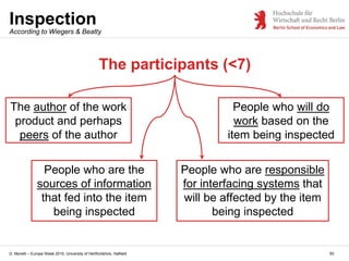 D. Monett – Europe Week 2015, University of Hertfordshire, Hatfield 50
Inspection
The participants (<7)
The author of the work
product and perhaps
peers of the author
People who are the
sources of information
that fed into the item
being inspected
People who will do
work based on the
item being inspected
People who are responsible
for interfacing systems that
will be affected by the item
being inspected
According to Wiegers & Beatty
 