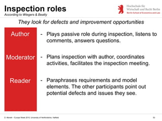 D. Monett – Europe Week 2015, University of Hertfordshire, Hatfield 53
Inspection roles
Author
Moderator
Reader
They look for defects and improvement opportunities
- Plays passive role during inspection, listens to
comments, answers questions.
- Plans inspection with author, coordinates
activities, facilitates the inspection meeting.
- Paraphrases requirements and model
elements. The other participants point out
potential defects and issues they see.
According to Wiegers & Beatty
 