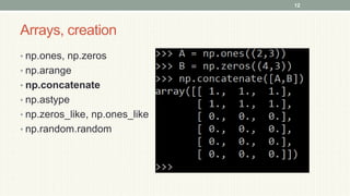 Arrays, creation
• np.ones, np.zeros
• np.arange
• np.concatenate
• np.astype
• np.zeros_like, np.ones_like
• np.random.random
12
 