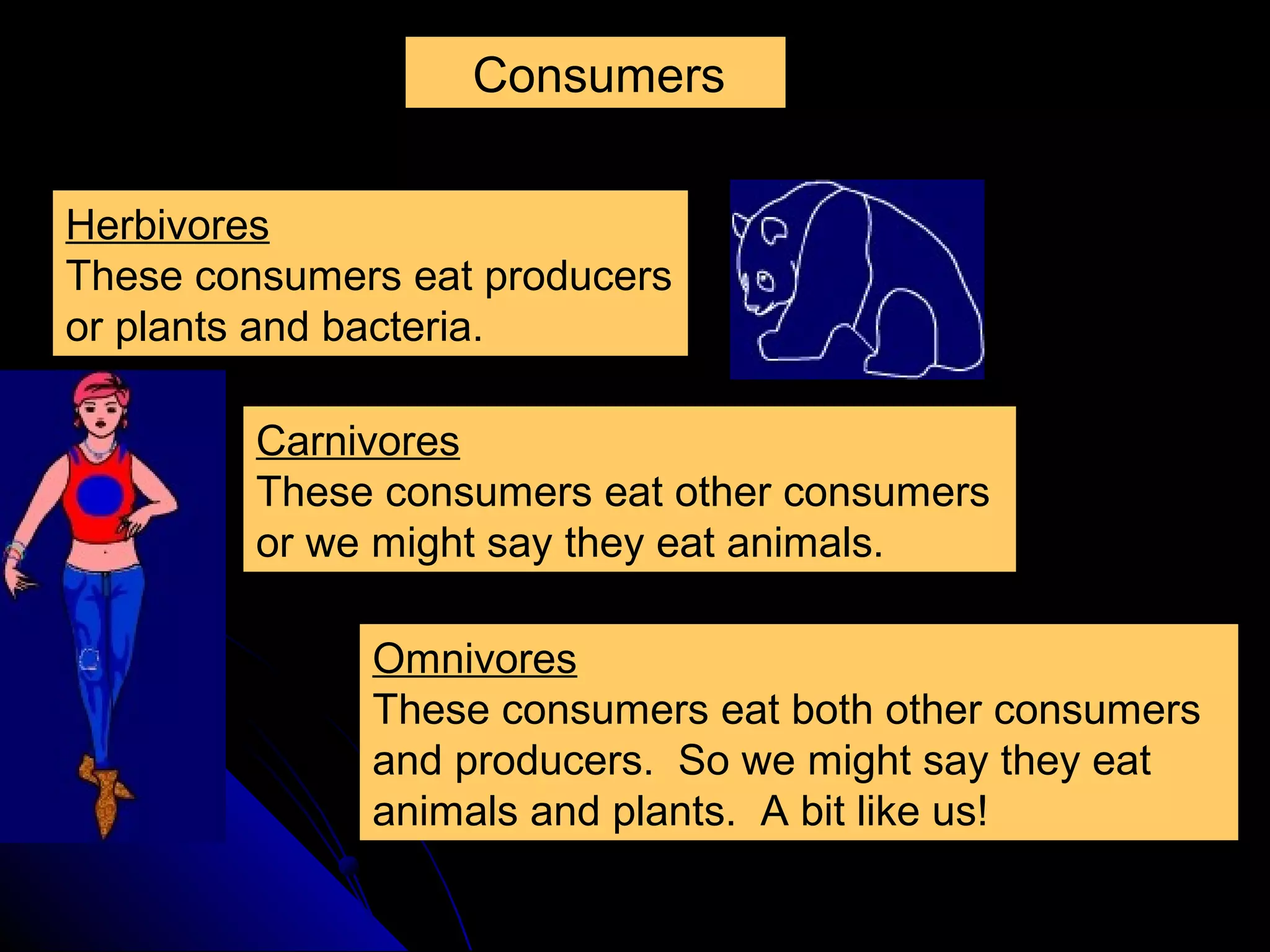 Consumers
Consumers can be grouped into different types:
Carnivores
These consumers eat other consumers
or we might say they eat animals.
Herbivores
These consumers eat producers
or plants and bacteria.
Omnivores
These consumers eat both other consumers
and producers. So we might say they eat
animals and plants. A bit like us!
 