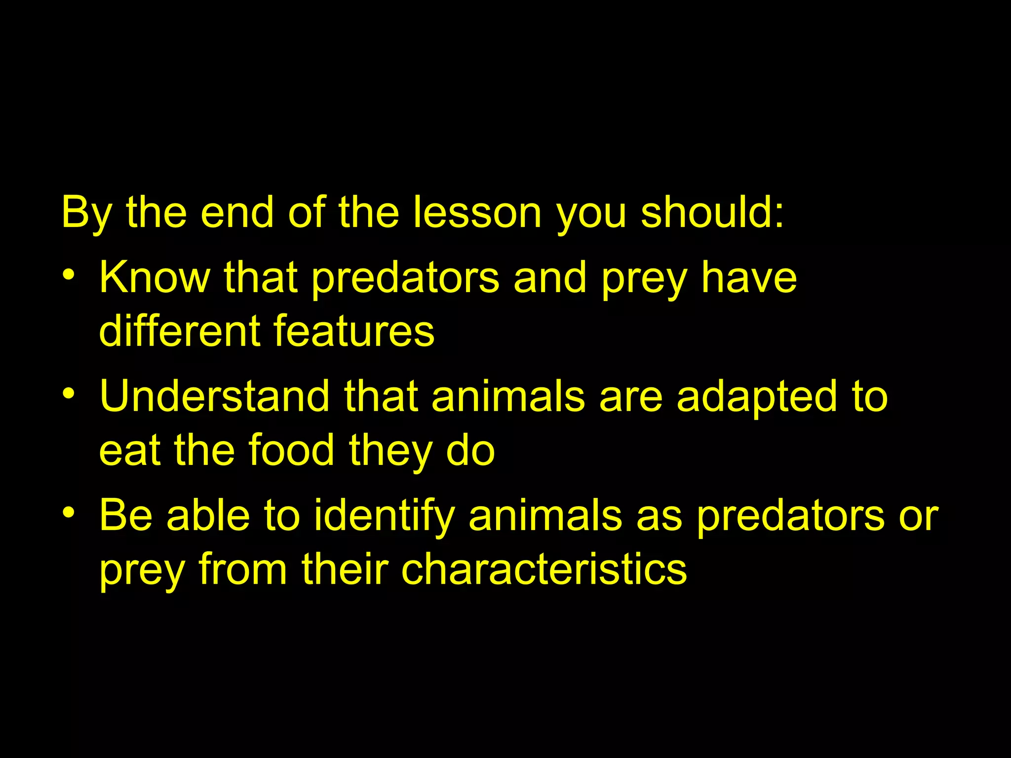 Learning Objectives
By the end of the lesson you should:
• Know that predators and prey have
different features
• Understand that animals are adapted to
eat the food they do
• Be able to identify animals as predators or
prey from their characteristics
 