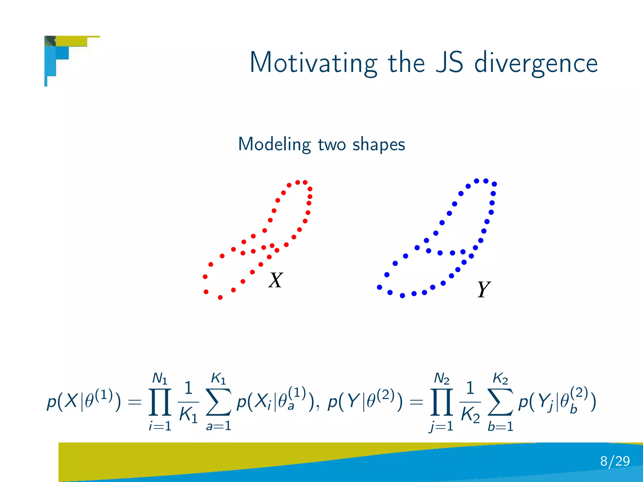 Motivating the JS divergence

                                     Modeling two shapes




                                         X                                    Y


                    N1         K1                                      N2         K2
         (1)              1                 (1)             (2)              1                (2)
p(X |θ         )=                    p(Xi |θa ),   p(Y |θ         )=                    p(Yj |θb )
                          K1                                                 K2
                    i=1        a=1                                     j=1        b=1

                                                                                                     8/29
 