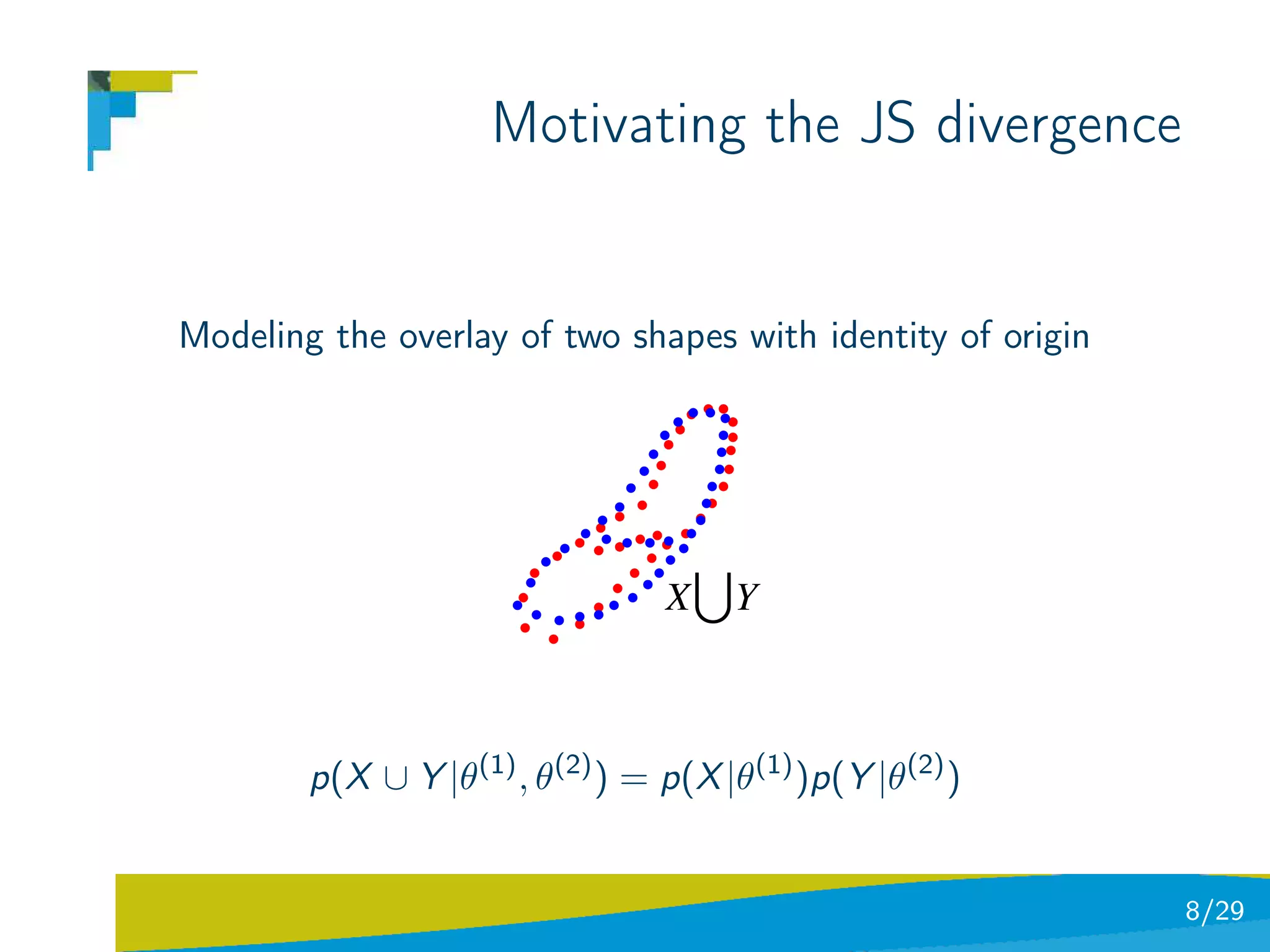 Motivating the JS divergence


Modeling the overlay of two shapes with identity of origin




                                 X Y



        p(X ∪ Y |θ(1) , θ(2) ) = p(X |θ(1) )p(Y |θ(2) )


                                                             8/29
 
