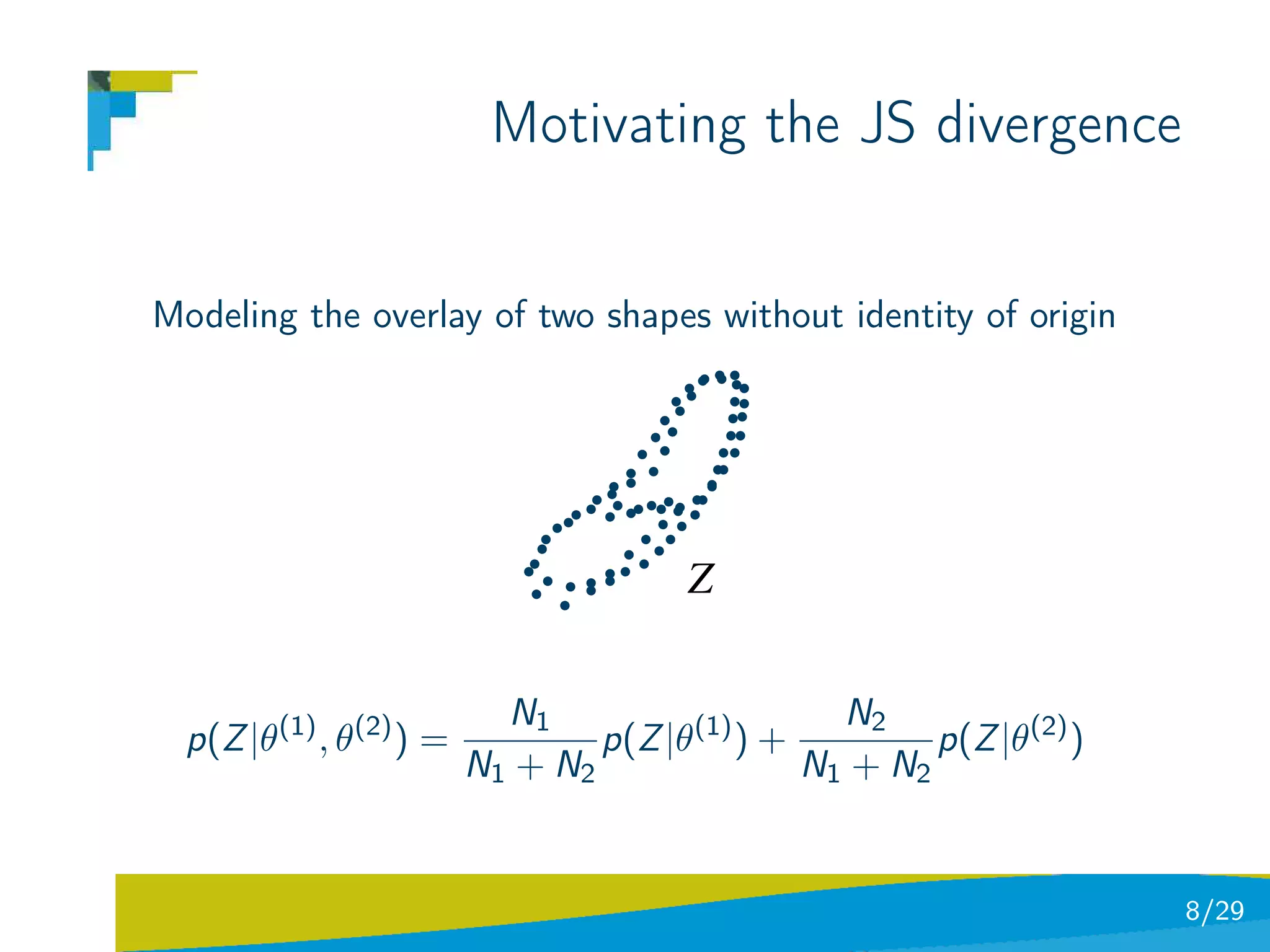 Motivating the JS divergence


Modeling the overlay of two shapes without identity of origin




                                       Z

                           N1                    N2
  p(Z |θ(1) , θ(2) ) =           p(Z |θ(1) ) +         p(Z |θ(2) )
                         N1 + N2               N1 + N2


                                                                     8/29
 