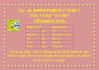 L5 – U2 SIMPLE PRESENT (“TO BE”)

THE VERB “TO BE”
Affirmative form:
PRESENT
I
am
She/he/It is
We
are
You
are
They
are

Short form
I’m
He’s/She’s/It’s
We’re
You’re
They’re

I’m in my class. You’re sitting on the chair. Ioritz is thin.
Itsaso’s a girl. We’re very happy because Janire’s in silence.
Gk’s Pirate Production (copyleft)

 