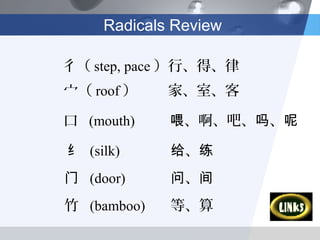 Radicals Review

彳（ step, pace ）行、得、律
宀（ roof ）    家、室、客

口 (mouth)    喂、啊、吧、吗、呢

纟 (silk)     给、练
门 (door)     问、间
竹 (bamboo)   等、算
 