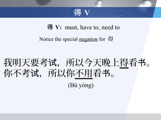 得V
       得 V: must, have to, need to
    Notice the special negation for 得



我明天要考试，所以今天晚上得看书。
你不考试，所以你不用看书。
                (Bú yòng)
 