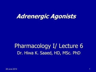 128 June 2014
Adrenergic Agonists
Pharmacology I/ Lecture 6
Dr. Hiwa K. Saaed, HD, MSc. PhD
 