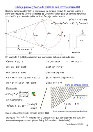 Empuje pasivo y teoría de Rankine con terreno horizontal
Rankine determinó también el coeficiente de empuje pasivo de manera teórica a
partir del círculo de Mohr y las rectas de Coulomb, valido para un terreno horizontal
si cohesión y un muro intradós vertical. Empuje pasivo: σ3 > σ1
A
B
CeO
P
h
En triángulo O-A-Ce) se observa que los valores del entro del radio son:
Ce =(σ1 + σ3) / 2 r = Ce * sin Ø‘ ⇨ σ1 = Ce – r
σ1 = Ce – Ce * sin Ø' Ce (1–sin Ø‘) = σ1
σ1 = Ce + Ce * sin Ø' Ce (1+sin Ø‘) = σ1
Ce = σ1 / (1 – sin Ø‘) = (σ1 + σ3) /2 [2 * σ1 / (1–sin Ø‘) ] – σ1 = σ3
σ3* = σ1 (1+sin Ø‘ ) / (1 ̶ sin Ø‘)
Finalmente:
En trigonometría:
Que es el coeficiente del empuje pasivo (Kp)
El ángulo medido con la vertical es el que corresponde a la cuña de
terreno de empuje pasivo. (plano: P-A y P-B en el círculo de Mohr).
Como: 1 *h 
Zona en estado límite pasivo de Rankine
2 (1 )
( / 4 / 2)
(1 sin )
sin
tg

 


 

(1 )
3* * *
(1 sin )
sin
h




 

( / 4 / 2) 
σ3*
σ3*
Ce =(σ1 + σ3) / 2
σ1
* 1vo h    
* * * 3      hp Kp vo Kp h
Ø'
vo σ
Շ
hp 
Complementario:
α =(π/4 – Φ´/2)
( / 4 / 2) 
Cuña de empuje pasivo
16
σ1= γ *h
Tomás Cabrera (U.P.M.)
 