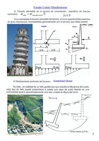 Estado Límite Hundimiento
zapata muro
σ1
σ3
dim 3/adm hun iento 
7
Estabilidad Global
≥ 3
≥ 1,8
Tomás Cabrera (U.P.M.)
 