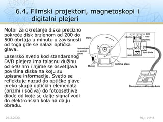 6.4. Filmski projektori, magnetoskopi i
digitalni plejeri
29.3.2020. P62: 14/48
Motor za okretanje diska precizno
pokreće disk brzionom od 200 do
500 obrtaja u minutu u zavisnosti
od toga gde se nalazi optička
glava.
Lasersko svetlo kod standardnog
DVD plejera ima talasnu dužinu
od 640 nm i njime se osvetljava
površina diska na koju su
upisane informacije. Svetlo se
reflektuje nazad do optičke glave
preko skupa optičkih elemenata
(prizmi i sočiva) do fotoosetljive
diode od koje se dalje signal vodi
do elektronskih kola na dalju
obradu.
 