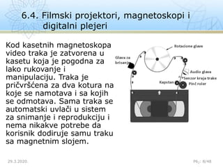 6.4. Filmski projektori, magnetoskopi i
digitalni plejeri
29.3.2020. P62: 8/48
Kod kasetnih magnetoskopa
video traka je zatvorena u
kasetu koja je pogodna za
lako rukovanje i
manipulaciju. Traka je
pričvršćena za dva kotura na
koje se namotava i sa kojih
se odmotava. Sama traka se
automatski uvlači u sistem
za snimanje i reprodukciju i
nema nikakve potrebe da
korisnik dodiruje samu traku
sa magnetnim slojem.
 