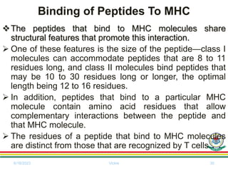 Binding of Peptides To MHC
The peptides that bind to MHC molecules share
structural features that promote this interaction.
 One of these features is the size of the peptide—class I
molecules can accommodate peptides that are 8 to 11
residues long, and class II molecules bind peptides that
may be 10 to 30 residues long or longer, the optimal
length being 12 to 16 residues.
 In addition, peptides that bind to a particular MHC
molecule contain amino acid residues that allow
complementary interactions between the peptide and
that MHC molecule.
 The residues of a peptide that bind to MHC molecules
are distinct from those that are recognized by T cells.
6/18/2023 Vickie 30
 
