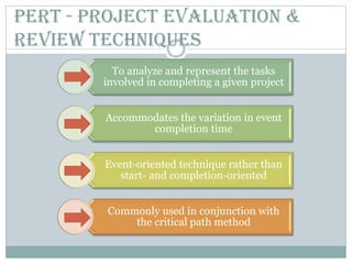 PERT - Project Evaluation &
Review Techniques
To analyze and represent the tasks
involved in completing a given project
Accommodates the variation in event
completion time
Event-oriented technique rather than
start- and completion-oriented
Commonly used in conjunction with
the critical path method
 