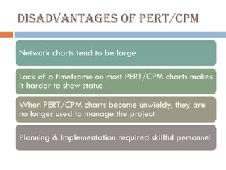 Disadvantages of PERT/CPM
Network charts tend to be large
Lack of a timeframe on most PERT/CPM charts makes
it harder to show status
When PERT/CPM charts become unwieldy, they are
no longer used to manage the project
Planning & Implementation required skillful personnel
 