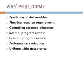 Why PERT/CPM?
 Prediction of deliverables
 Planning resource requirements
 Controlling resource allocation
 Internal program review
 External program review
 Performance evaluation
 Uniform wide acceptance
 