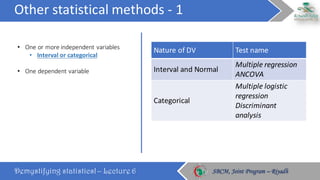 Other	statistical	methods	- 1
Demystifying statistics! – Lecture 6 SBCM, Joint Program – RiyadhSBCM, Joint Program – Riyadh
• One	or	more	independent	variables
• Interval	or	categorical
• One	dependent	variable
Nature	of	DV Test	name
Interval	and	Normal
Multiple	regression
ANCOVA
Categorical
Multiple	logistic	
regression
Discriminant
analysis
 