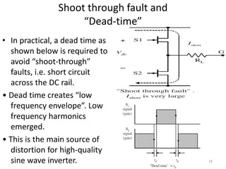 Shoot through fault and
“Dead-time”
• In practical, a dead time as
shown below is required to
avoid “shoot-through”
faults, i.e. short circuit
across the DC rail.
• Dead time creates “low
frequency envelope”. Low
frequency harmonics
emerged.
• This is the main source of
distortion for high-quality
sine wave inverter. 19
 