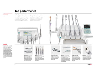 CLASSE L9 L6.32
Top performance
INSTRUMENTS The 7” Full Touch control panel on the
L9 and the LCD Touch display on the L6
control the instrumentation on the dentist’s
module by piloting the work modes of each
individual instrument, in a user-friendly
manner, and providing clear and easy-to-
read operating instructions in real time.
Turbine, micromotor, scaler, curing light and
intraoral camera settings can be adjusted
for specific dentistry specialisations. An
intraoral camera or curing light can be
added as the sixth instrument.
POTENTIAL
Micromotors. Two versions:
i-MMr (3.3 Ncm) with LED;
i-MMs (5.3 Ncm) with LED
lighting, ready for endodontic
and implantology treatment.
From 100 to 40,000 rpm.
Turbines and contra
angles. Dentists can use a
broad range of turbines and
contra angles for specific
dentistry tasks.
Scalers. With or without
LEDs, handpieces compatible
with the best tips on the
market. Highly useful in ENDO
mode as root canal treatment
instruments.
T-LED curing light.
Maximum ergonomics
thanks to the swivel grip. 6
polymerisation programmes
and autoclavable fibre optic
light guide.
Syringes. Ergonomically-
shaped 3 and 6-way syringes
are available. The metal
syringe body and the tip (both
straight and angled versions
are available) can be removed
and autoclaved.
HD camera. The C-U2 has
glass optics and a LED light
diffuser. It incorporates an HD
16:9 sensor that captures high
definition clinical images.
In addition to their outstanding
performance, full integration
of instruments with dental
unit electronics ensures users
are able to exploit their full
potential. Parameters can be
personalised according to
the specific discipline and/or
dentist’s profile. Together with
its instrumentation, the Classe
L provides a powerful tool for
the dentist and the surgery as
a whole.
 